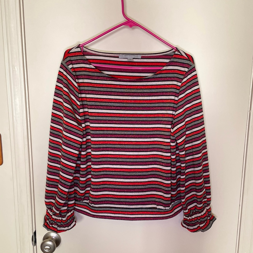 Whimsy Circus Clown Style Orange Glitter Striped Long Sleeve Ruffle Top Size